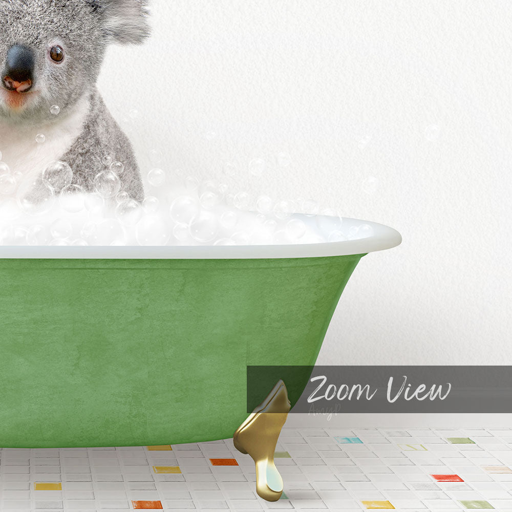 A koala sitting in a green bathtub filled with bubbles, with a text overlay that reads "Zoom View".
