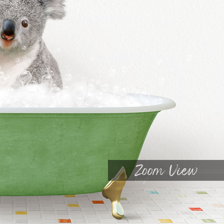 A koala sitting in a green bathtub filled with bubbles, with a text overlay that reads "Zoom View".
