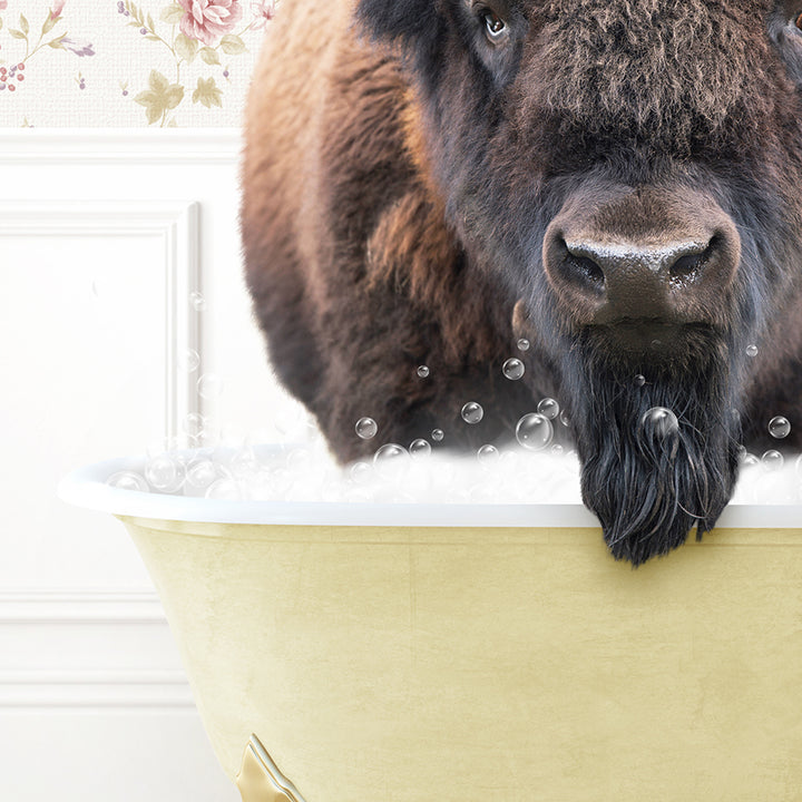 a large buffalo standing in a bath tub