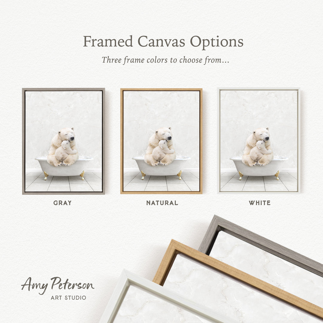 three framed canvas options, each featuring a white bear in a bathtub. The options include a gray frame, a natural frame, and a white frame. The text above the images reads " Framed Canvas Options" and "Three frame colors to choose from...".