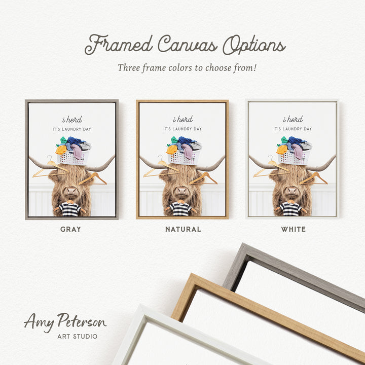 three framed canvas options, each featuring a different color and frame style. The text above the options reads " framed Canvas Options" and "Three frame colors to choose from!". The text below the options indicates the color choices available: "GREY", "NATURAL", and "WHITE". The artist's name, Amy Peterson, is also mentioned at the bottom of the image.