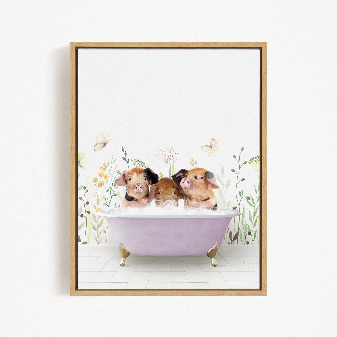 Three adorable pigs sitting in a pink bathtub, surrounded by flowers and butterflies, creating a whimsical and charming scene.