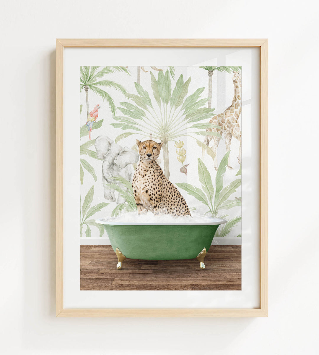 A cheetah sitting in a green bathtub, surrounded by tropical foliage and animals, including a giraffe and an elephant.