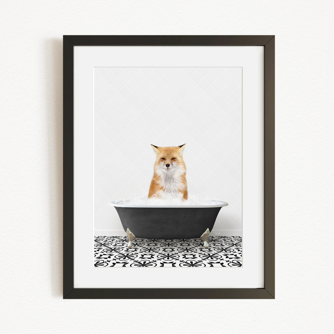 A red fox sitting in a black bathtub filled with water, with a black and white patterned tile floor beneath it.