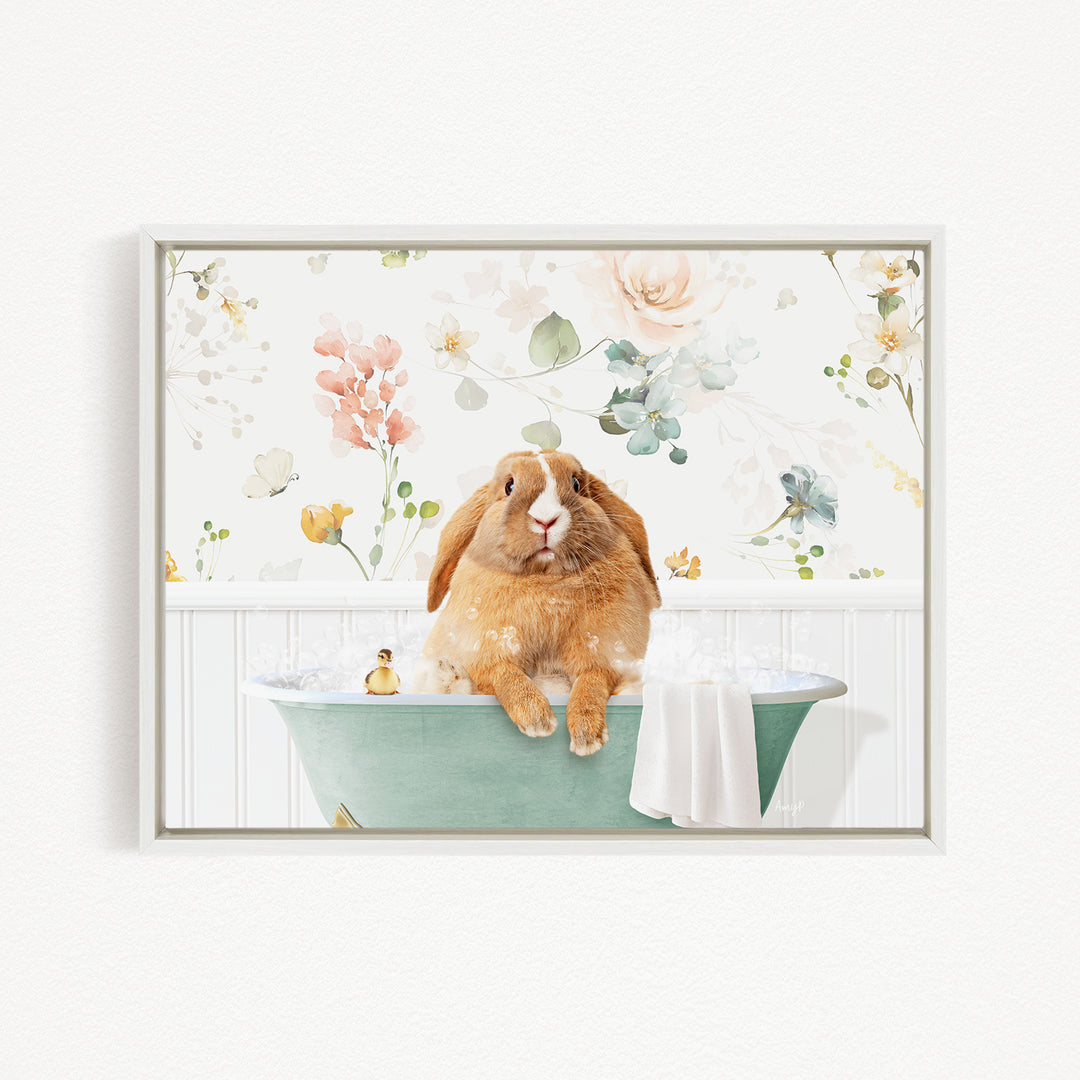 A brown rabbit sitting in a green bathtub filled with water, surrounded by a floral pattern.