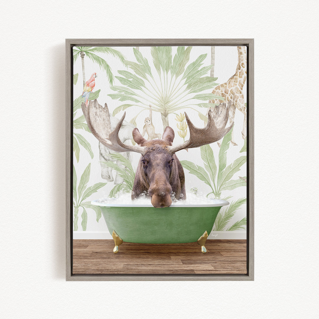 A moose is sitting in a green bathtub, surrounded by tropical foliage and animals, including a parrot and a giraffe.