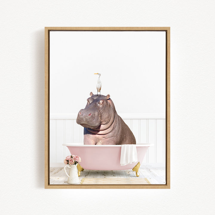 A large hippopotamus sitting in a pink bathtub, with a bird perched on its head.