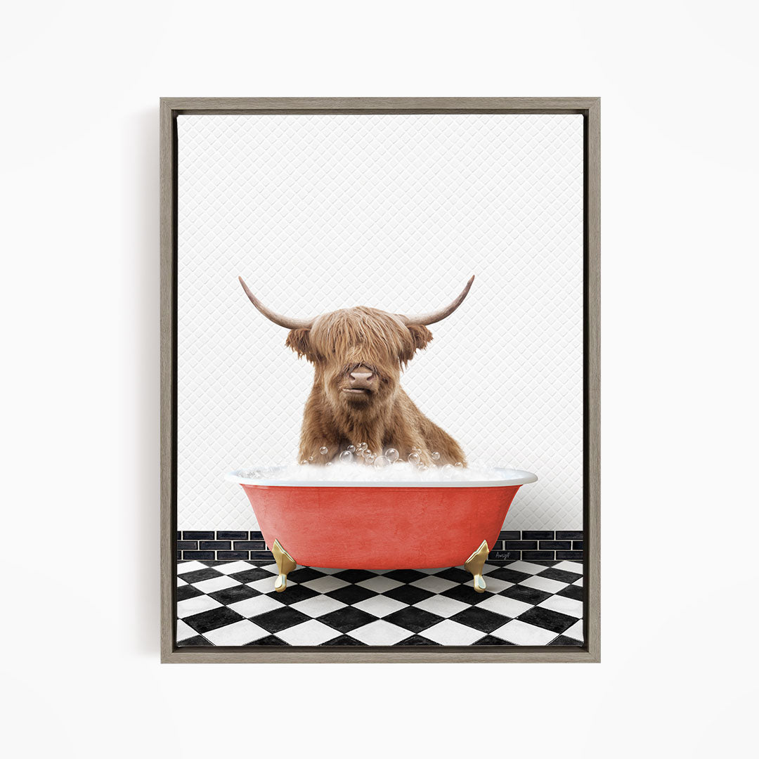 A brown cow with long horns is sitting in a red bathtub filled with water, creating a whimsical and humorous scene.