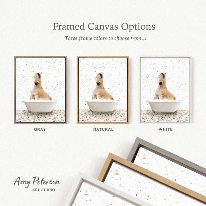 three framed canvas options, each featuring a dog sitting in a bathtub. The options include a gray, a natural, and a white frame.