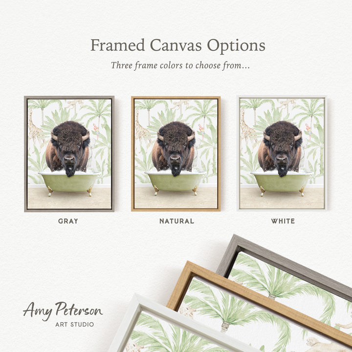three framed canvas options, each featuring a different color: gray, natural, and white. The text above the images reads " Framed Canvas Options" and "Three frame colors to choose from...". The bottom of the image includes the text " Amy Peterson ART STUDIO".