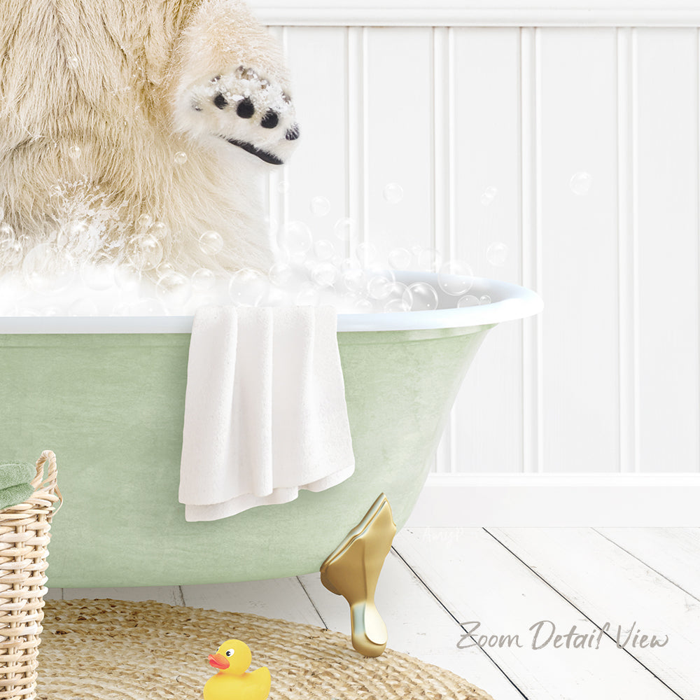 A polar bear is standing in a green bathtub filled with bubbles, with a towel and rubber duck nearby.