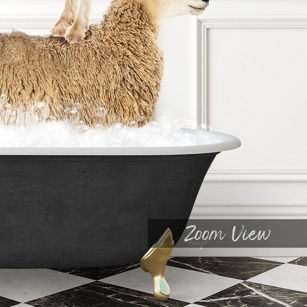 A fluffy brown sheep is standing in a bathtub filled with bubbles, with a black and white checkered floor and a gold bathtub faucet visible in the image.