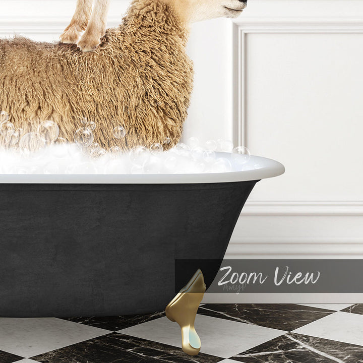 A fluffy brown sheep is standing in a bathtub filled with bubbles, with a black and white checkered floor and a gold bathtub faucet visible in the image.