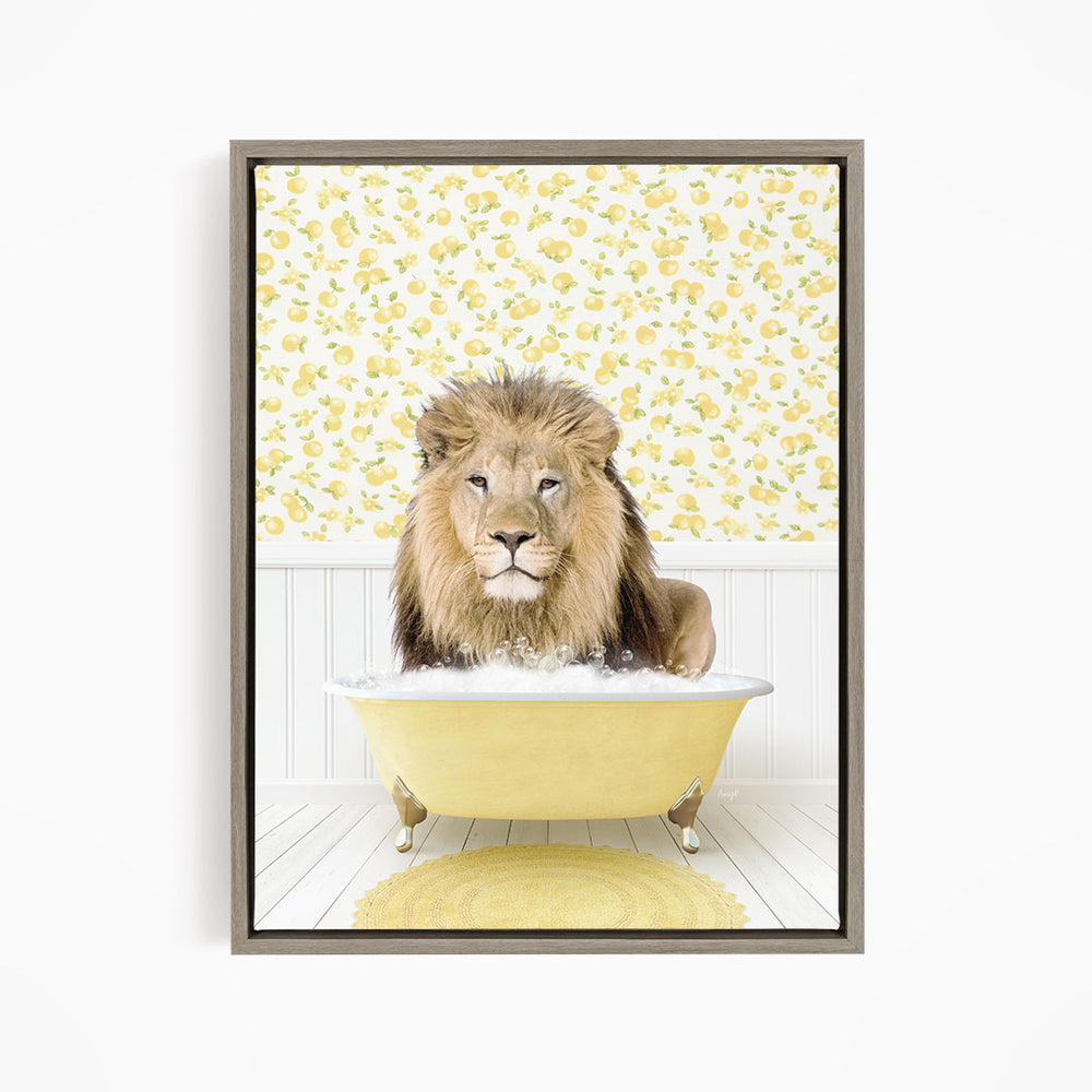 A lion sitting in a yellow bathtub filled with water, surrounded by a yellow floral pattern on the wall behind it.