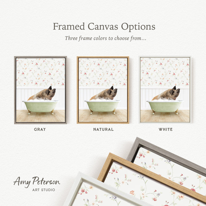 The image is a framed canvas option showcasing three different framed canvas options for a picture of a dog in a bathtub.