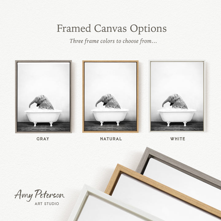 three framed canvas options, each featuring a black and white photograph of an elephant in a bathtub. The options include a gray frame, a natural frame, and a white frame.