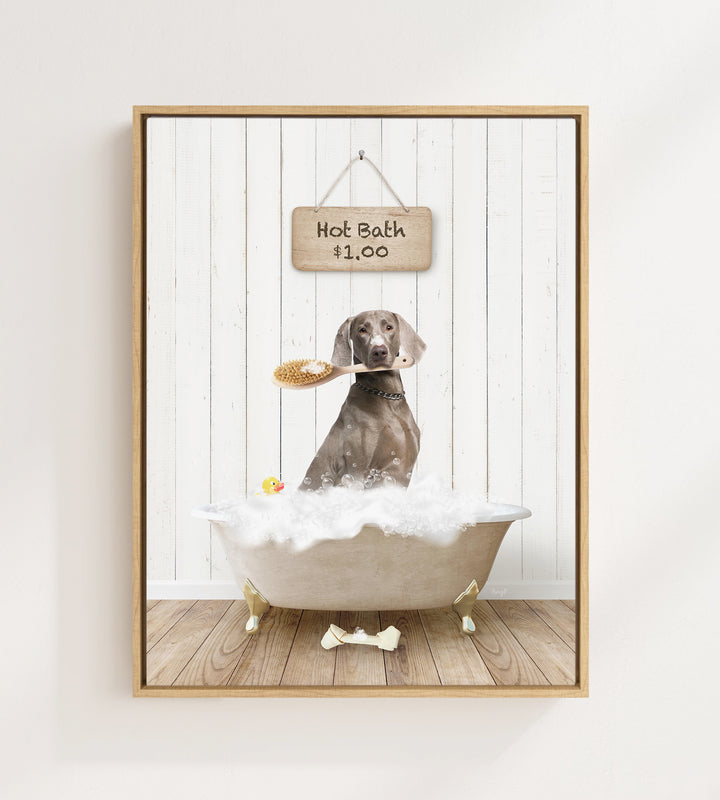 A dog sitting in a bathtub filled with bubbles, holding a rubber duck in its mouth, with a sign above that says "Hot Bath $1.00".