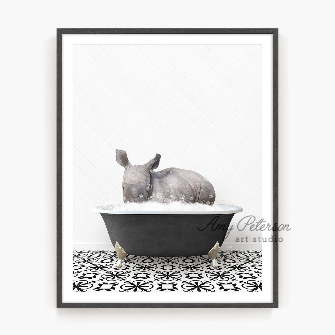 a rhino in a bathtub with a white background