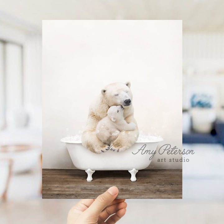 a person holding a polar bear in a bathtub