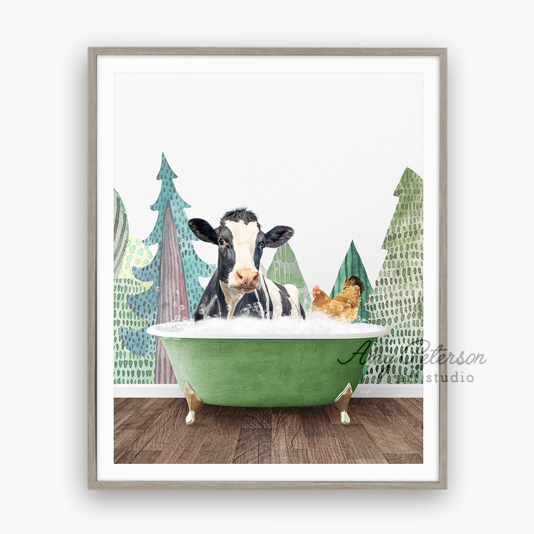 a picture of a cow and a cat in a bathtub