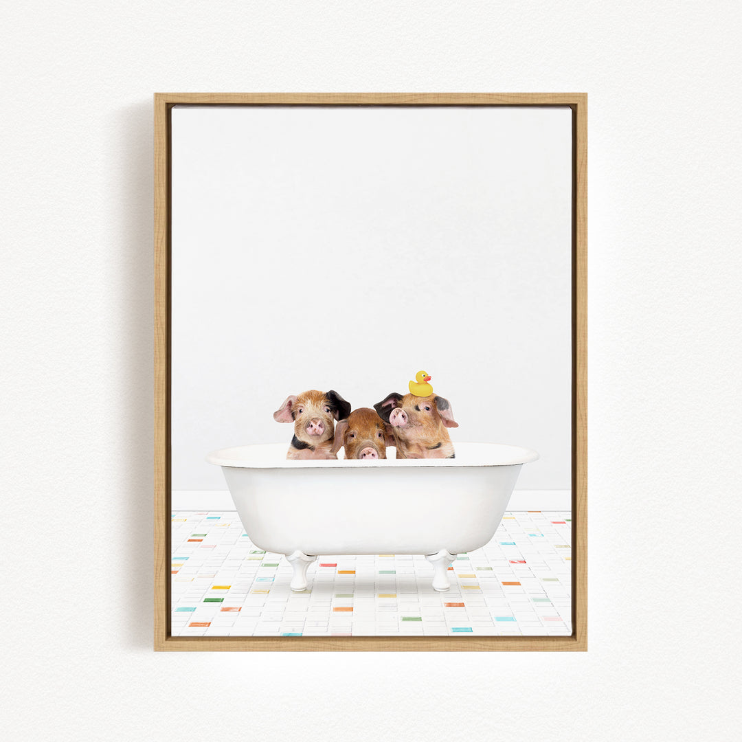 Three adorable pigs sitting in a white bathtub, each wearing a yellow hat.