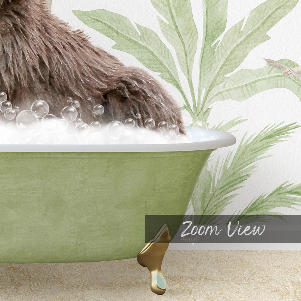 A brown dog is sitting in a green bathtub filled with bubbles, with a palm tree wallpaper in the background.