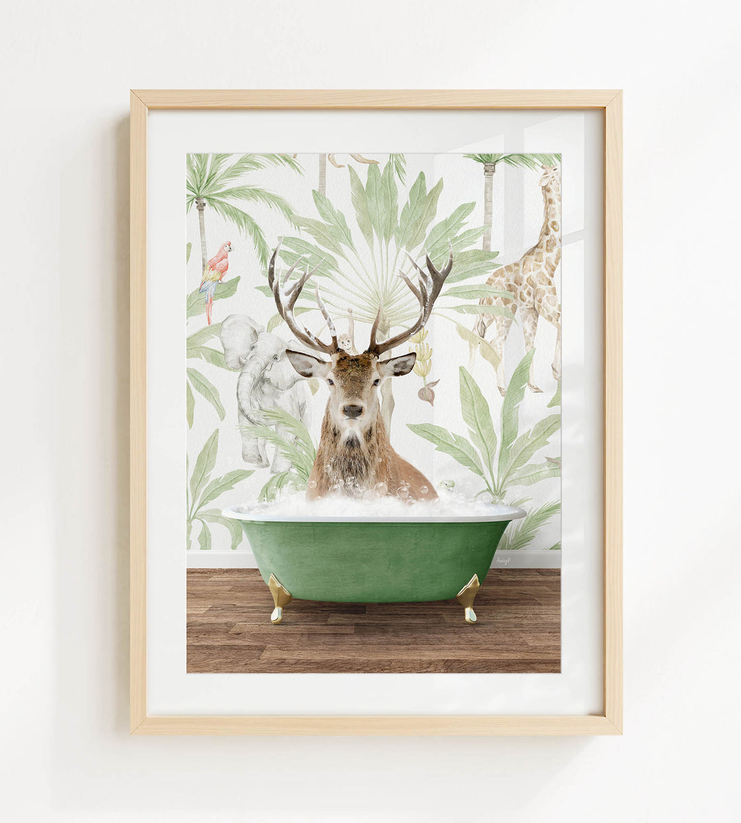 A deer with antlers is sitting in a green bathtub, surrounded by tropical foliage and a giraffe in the background.