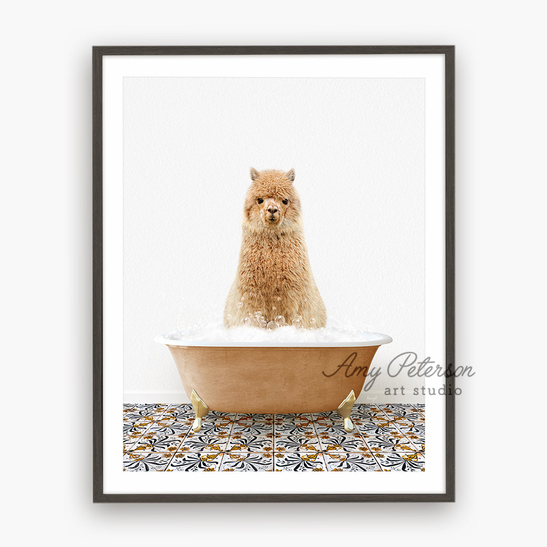 a brown dog sitting in a bathtub with foam