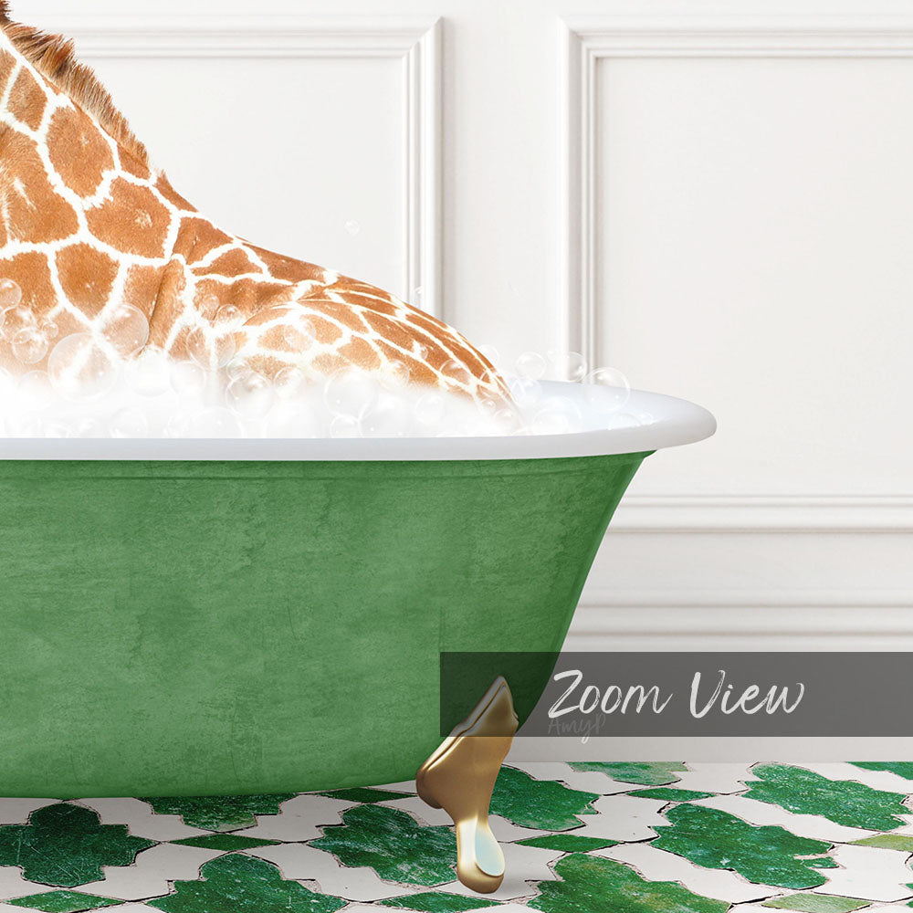 A giraffe is sitting in a green bathtub filled with water, surrounded by a patterned green and white floor.