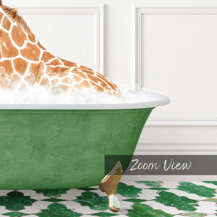 A giraffe is sitting in a green bathtub filled with water, surrounded by a patterned green and white floor.