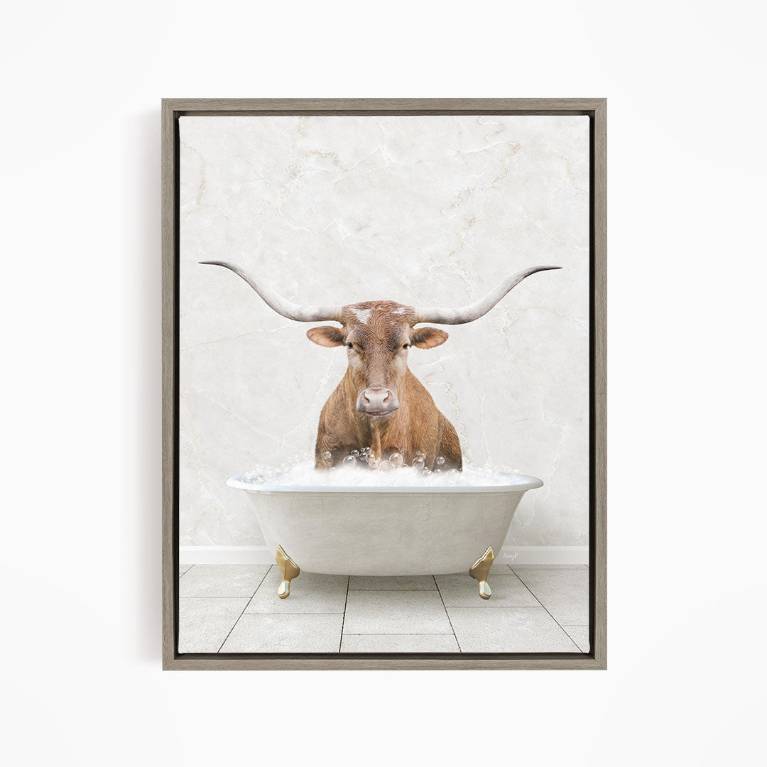 A brown steer with large horns is sitting in a white bathtub filled with water, creating a humorous and whimsical scene.