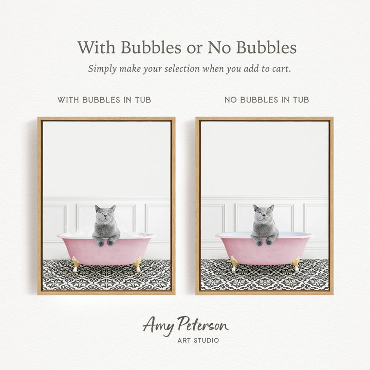 The image is a collage of two pictures, each featuring a cat sitting in a bathtub. The cat in the bathtub has bubbles, while the cat in the tub without bubbles is sitting on the edge of the tub. The collage is titled "With Bubbles or No Bubbles" and is created by Amy Peterson from Art Studio.