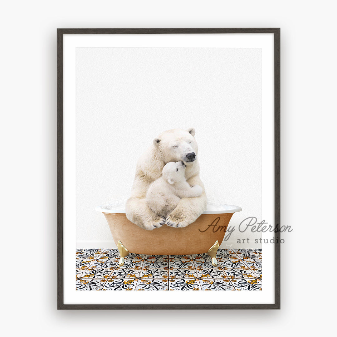 a polar bear and her cub are sitting in a bathtub