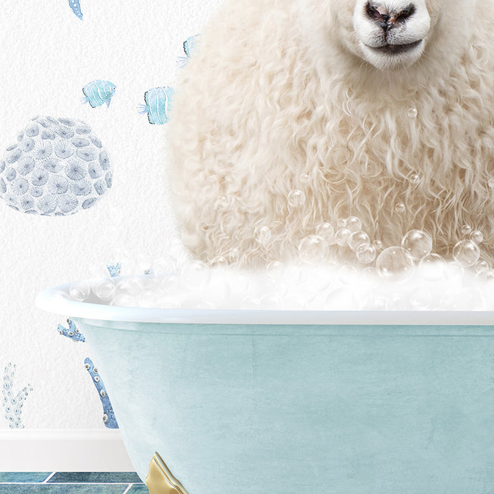 a sheep is sitting in a bathtub with bubbles