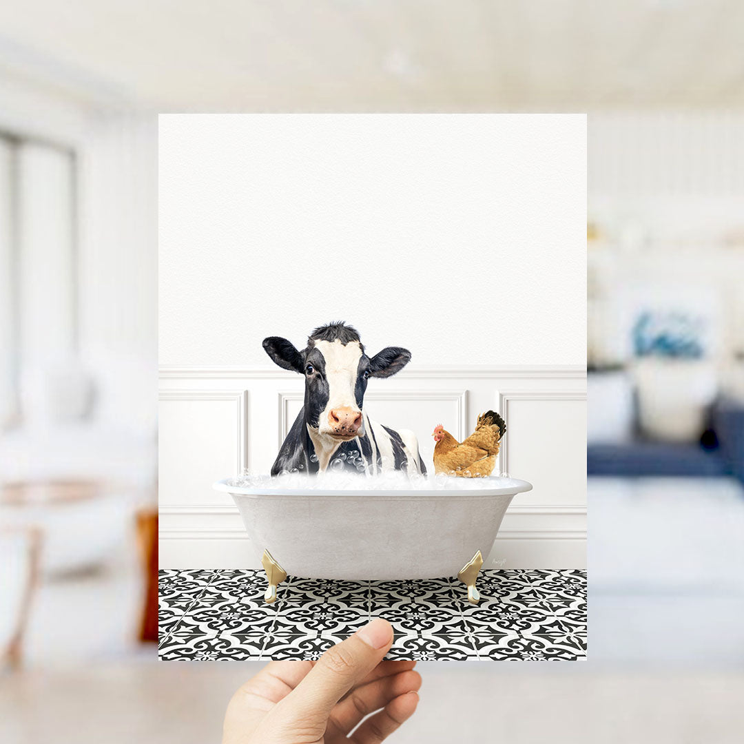 A cow and a chicken are sitting in a bathtub filled with water, creating a whimsical and humorous scene.