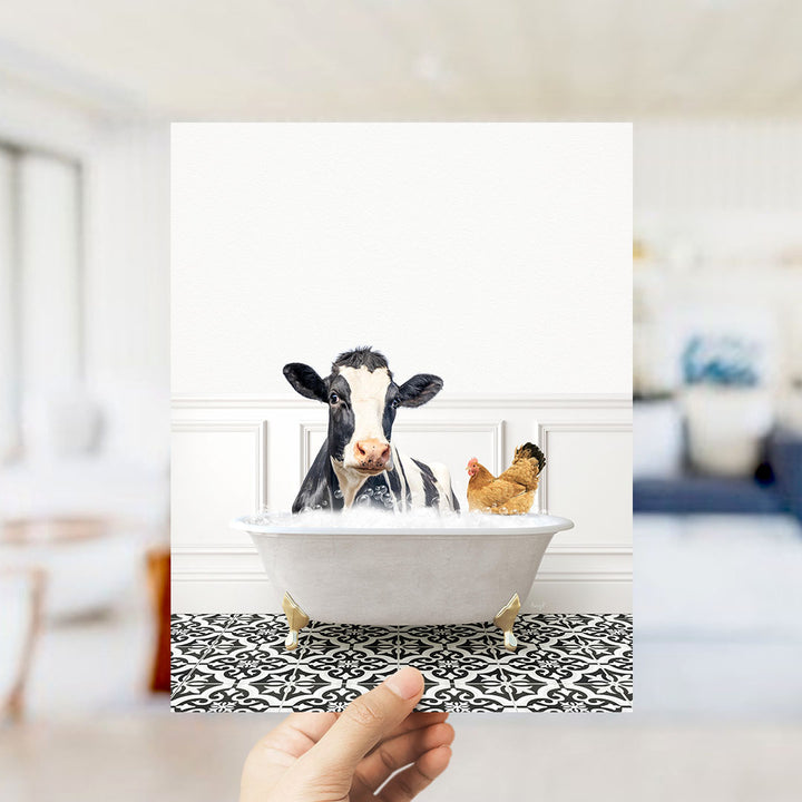 A cow and a chicken are sitting in a bathtub filled with water, creating a whimsical and humorous scene.