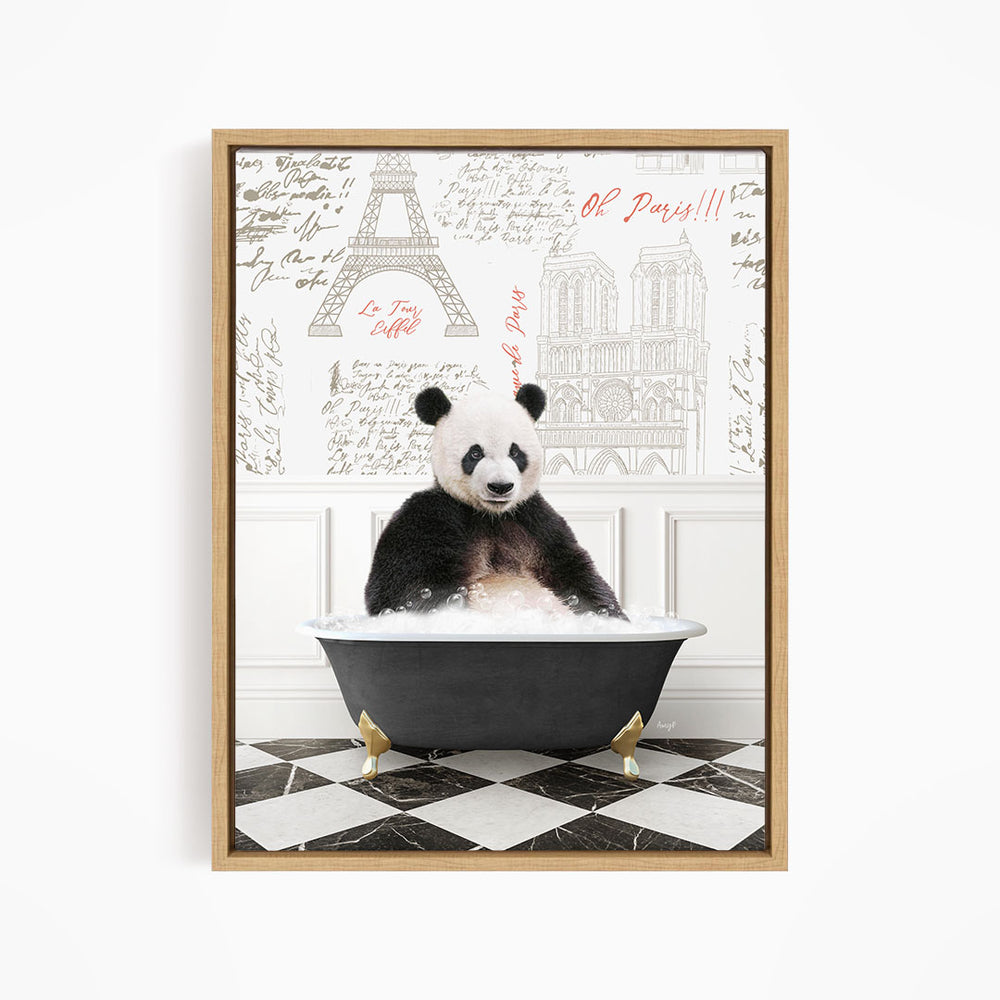 A panda bear sitting in a bathtub, surrounded by various architectural drawings and text, creating a whimsical and playful scene.