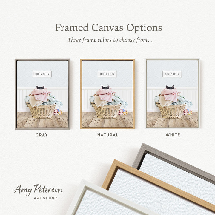 three framed canvas options, each with a different color: gray, natural, and white. The text above the images reads " framed Canvas Options Three frame colors to choose from...".