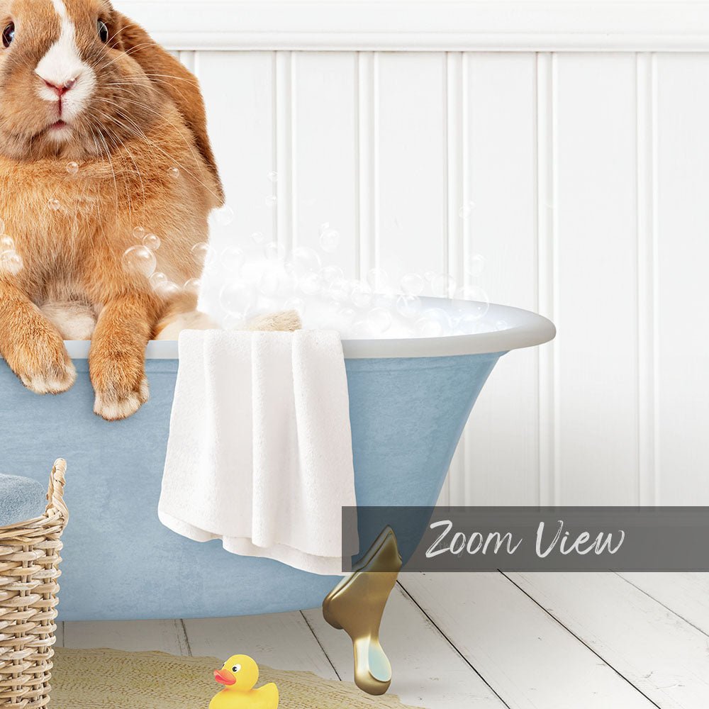 A fluffy orange rabbit sits in a blue bathtub filled with bubbles, surrounded by a yellow rubber duck and a white towel.