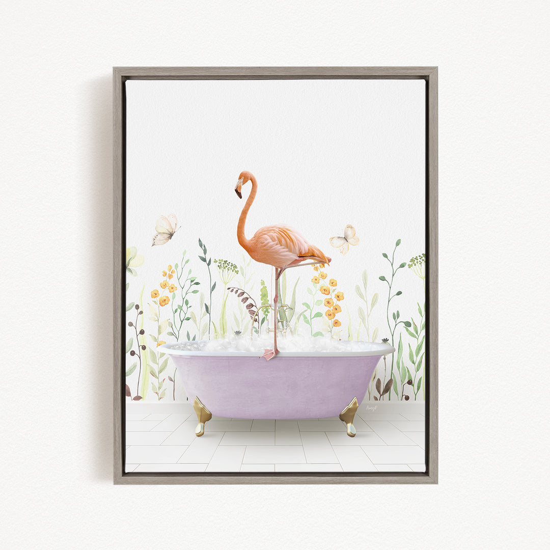 A pink flamingo stands on a purple bathtub, surrounded by flowers and butterflies in a whimsical, nature-inspired scene.