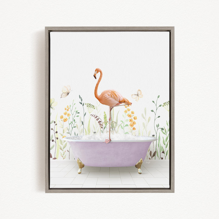 A pink flamingo stands on a purple bathtub, surrounded by flowers and butterflies in a whimsical, nature-inspired scene.