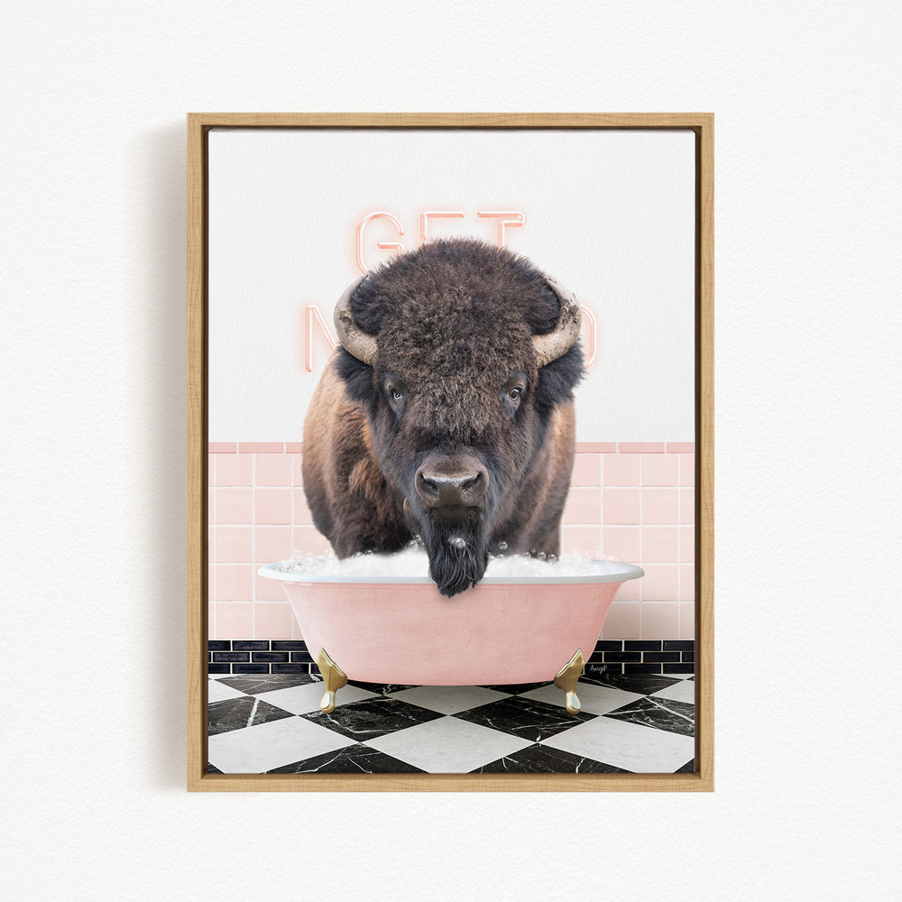 A buffalo with a long beard is sitting in a pink bathtub, with a pink and white checkered floor and a pink wall behind it.