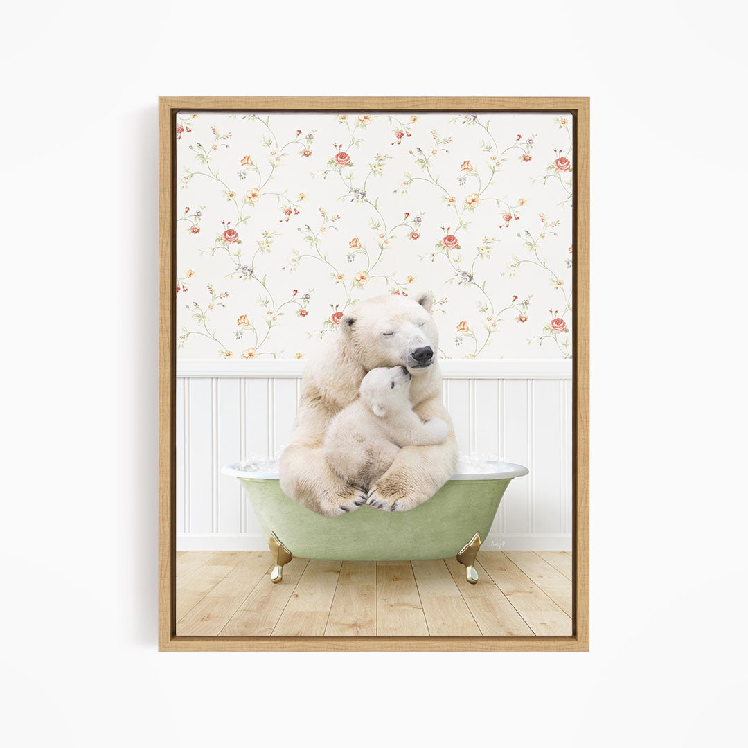 A polar bear is sitting in a green bathtub, with its head resting on another polar bear. The polar bears are surrounded by a floral patterned wall.