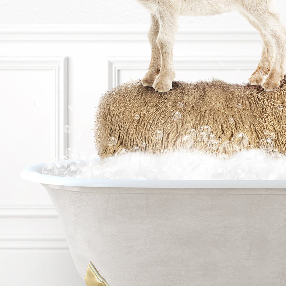 a dog standing on top of a bathtub filled with foam