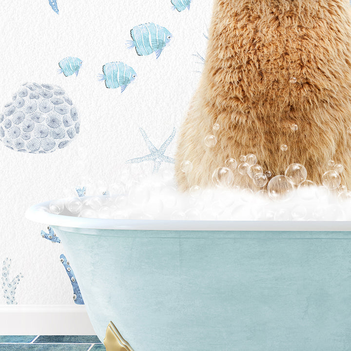 a brown bear sitting in a bathtub filled with bubbles