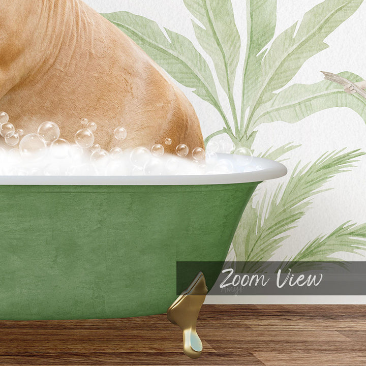 A golden retriever is sitting in a green bathtub filled with bubbles, with a palm tree and a bird in the background.