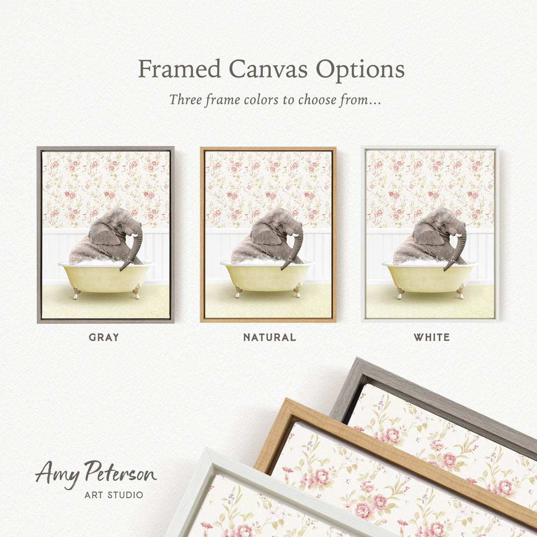 The image is a framed canvas option featuring three different colored frames with a gray elephant sitting in a bathtub.
