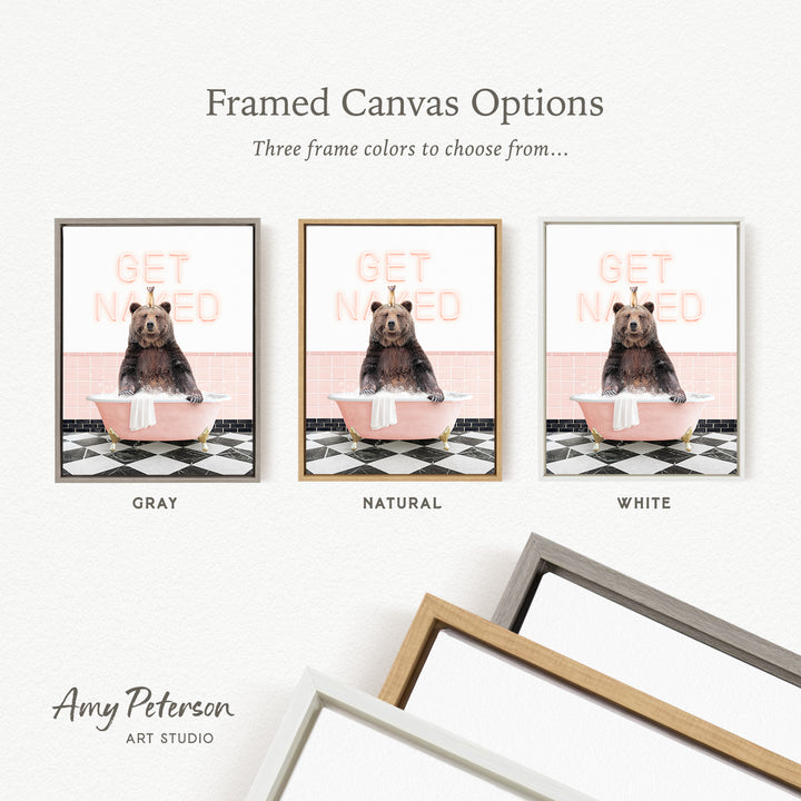 three framed canvas options featuring a bear sitting in a bathtub. The bear is depicted in different color schemes, including gray, natural, and white. The text above the images reads " framed Canvas Options" and "Three frame colors to choose from...".