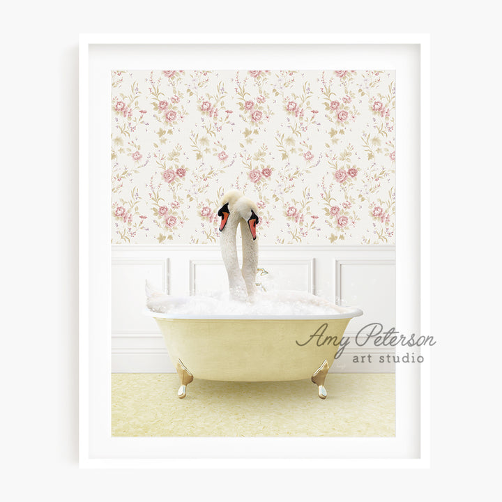 a swan in a bathtub with a flowered wallpaper