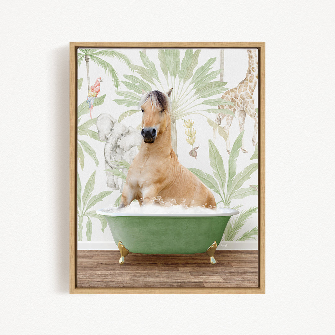 A horse is sitting in a green bathtub filled with water, surrounded by a tropical wallpaper with various animals and plants.